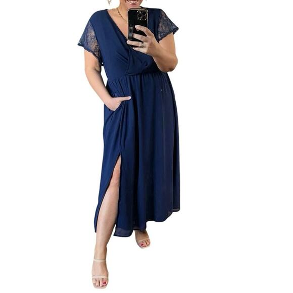 Rare 1X 14 16 Plus Size Blue Lace Flutter Sleeve Mesh Maxi Dress BloomChic - Picture 6 of 9